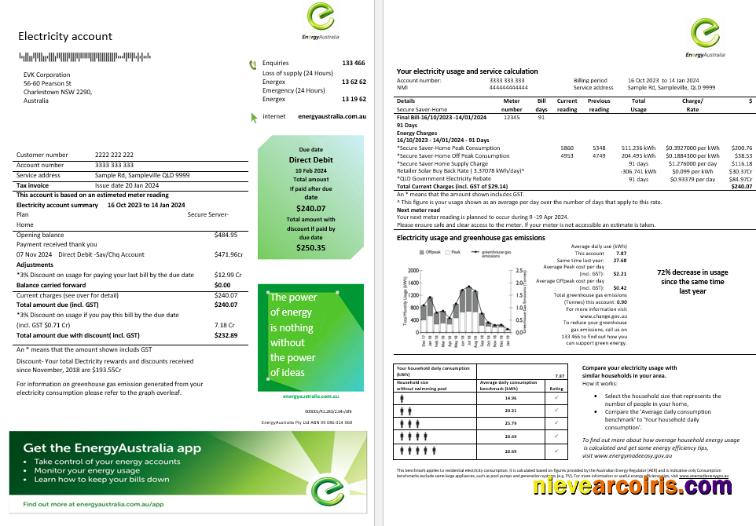 Australia Energy Australia electricity business utility bill, 3 pages
